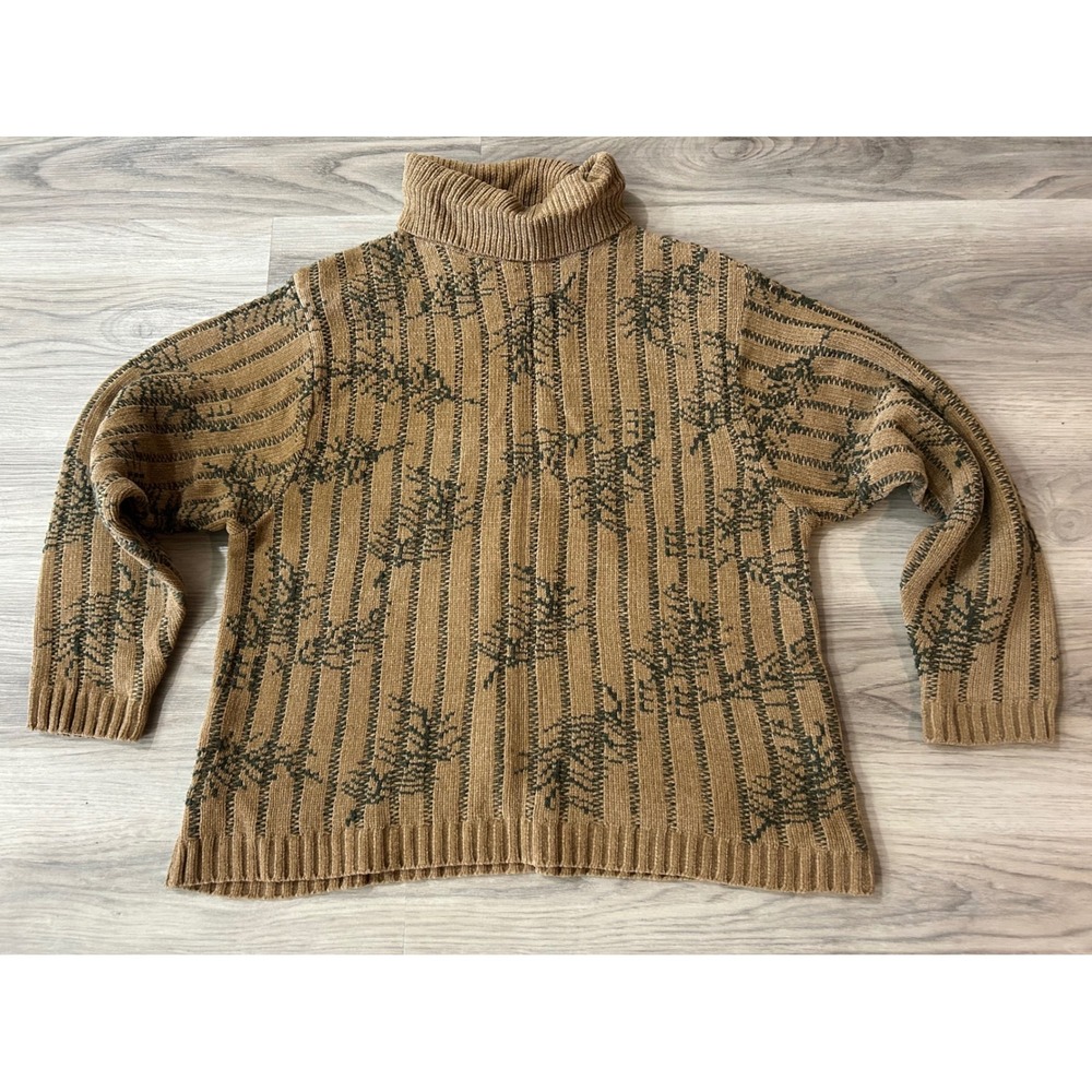 Woolrich Womens Turtleneck Tree Print Acrylic Wool Blend Large Camel Brown Green